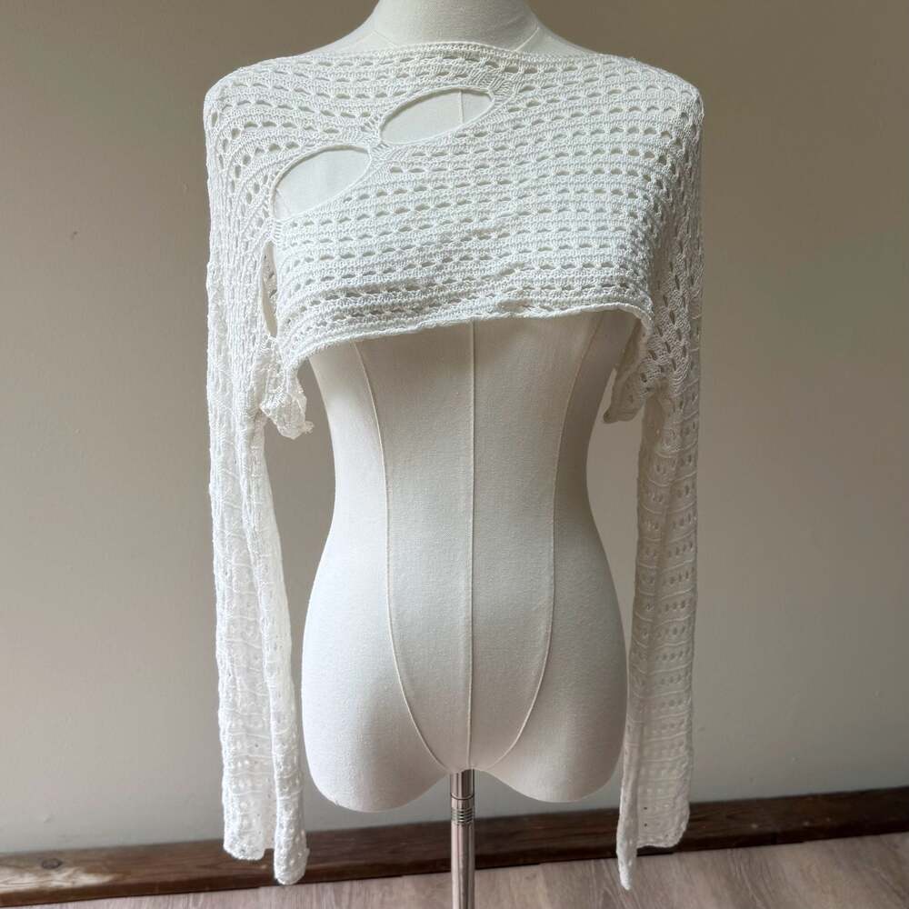 White Open Knit Crochet Long Sleeve Crop Sweater Shrug Cover Up